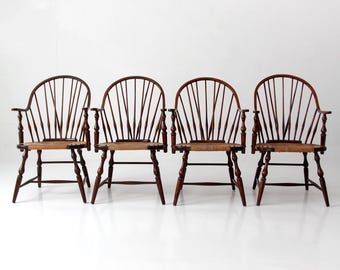 vintage Windsor armchair set of 4 | sack back rush seat dining chairs