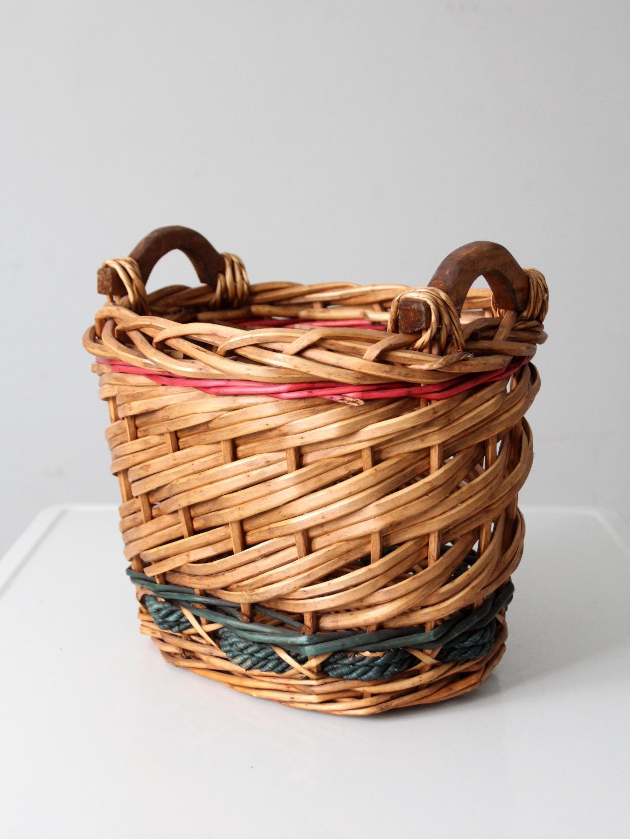 Vintage Woven Basket With Red and Green Bands - Etsy