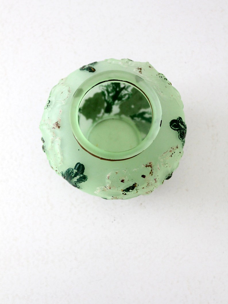 vintage painted glass vase, green frosted glass image 4