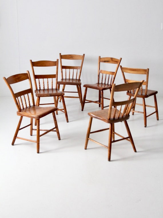 Antique Farmhouse Dining Chairs Plank Seat Chair Set 6