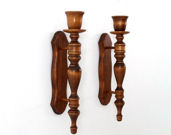 pair vintage wooden candle sconces