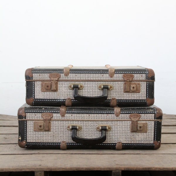Vintage Luggage Set / Navy Herringbone Suitcases