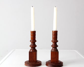 vintage wooden candlestick holders pair