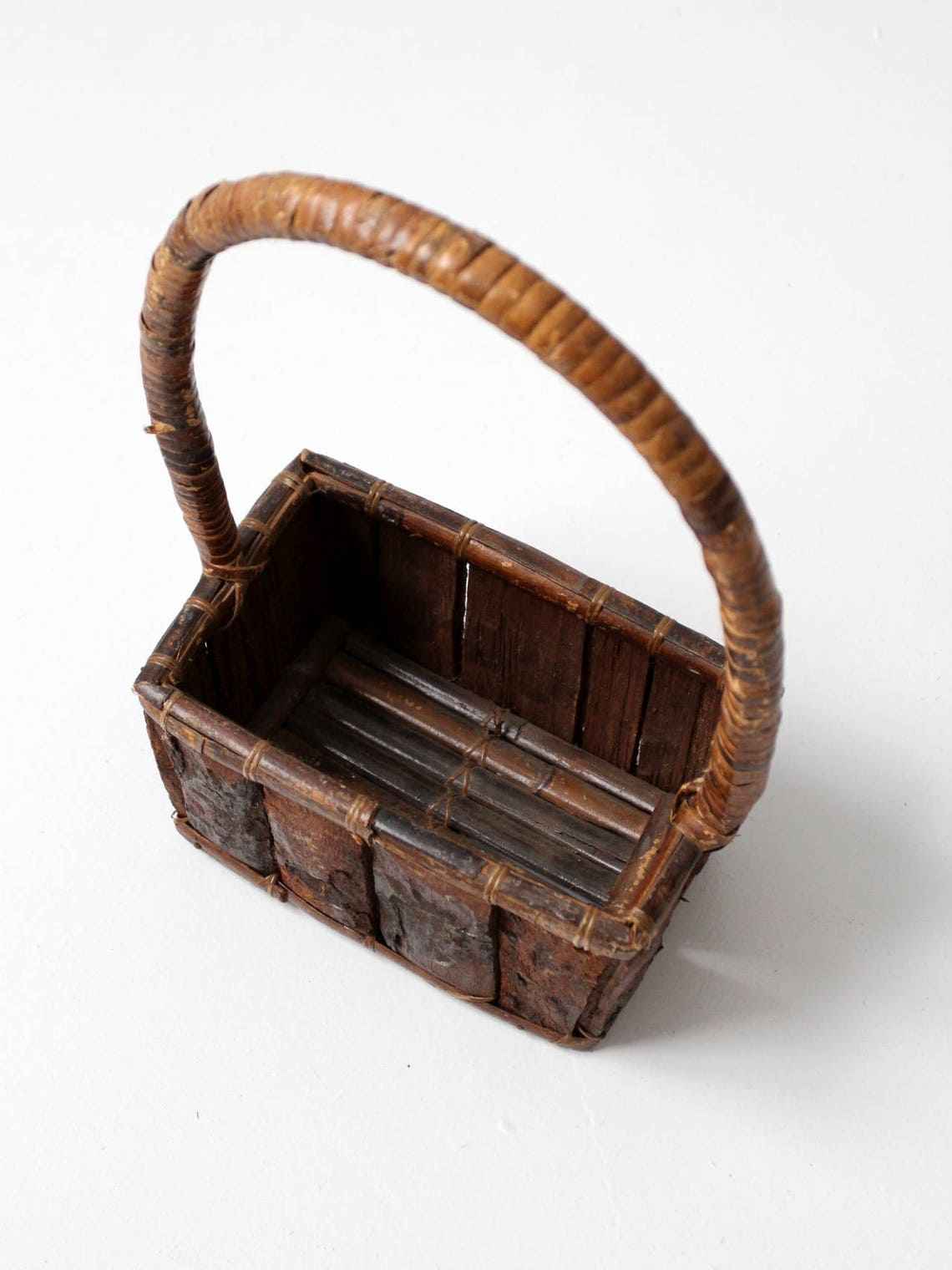 Rustic Wood Handle Basket Vintage Gathering Bark Basket Etsy