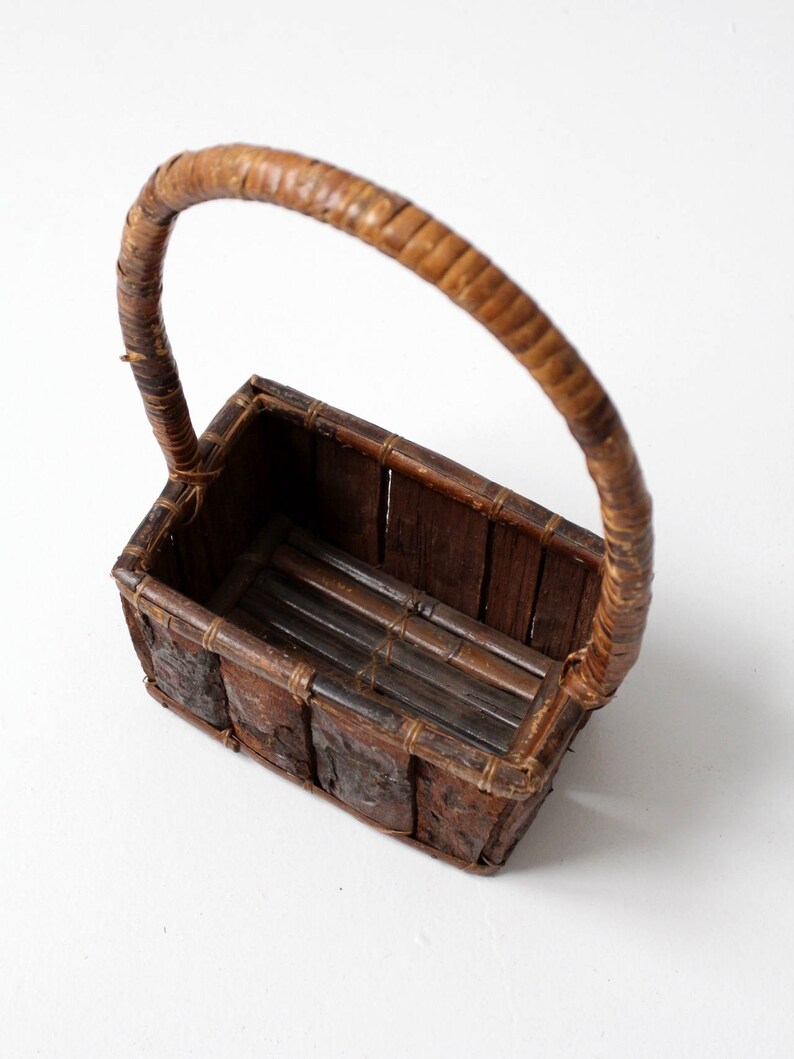 Rustic Wood Handle Basket Vintage Gathering Bark Basket Etsy