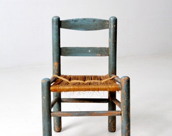 antique children's chair, rustic rush seat chair