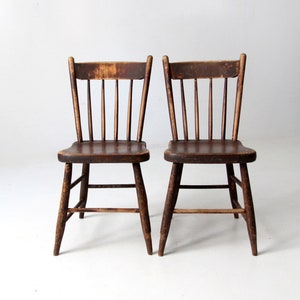 antique plank seat chairs pair, primitive farmhouse chairs