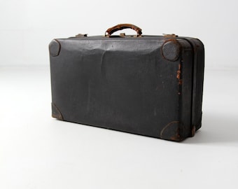 1930s black leather suitcase, vintage luggage, stacking luggage