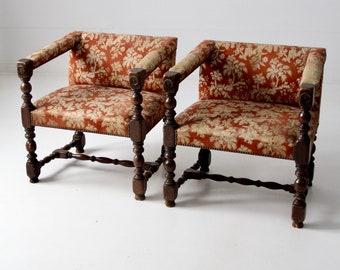 antique upholstered wood armchairs pair