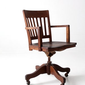 antique desk chair, wood swivel office chair on casters image 7