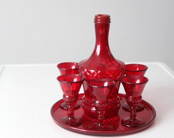 Vintage New Martinsville Lady Astor Red Decanter Set Circa 1930s
