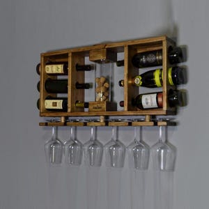 Wall Mounted Wooden Wine Rack with Glass Holder Wine Bottle Storage Shelf Hanging Wine Organizer with Cork Display Decor Gift for Wine Lover