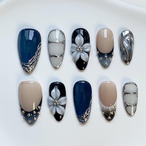 Bloom Floral Silver Chrome Blue Press On Nails Short Almond Nails/Blue Nails/French Nails/Bow Tie Nails/Silver Nails/3D Flower nails