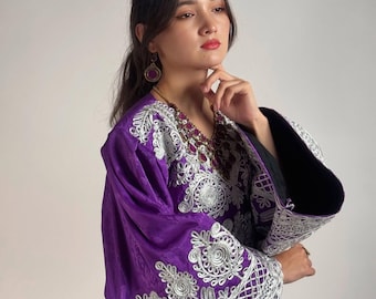 Vestido afgano hecho a mano / Vestido tradicional morado bordado / Vestido Attan pastún / Elegante vestido de novia