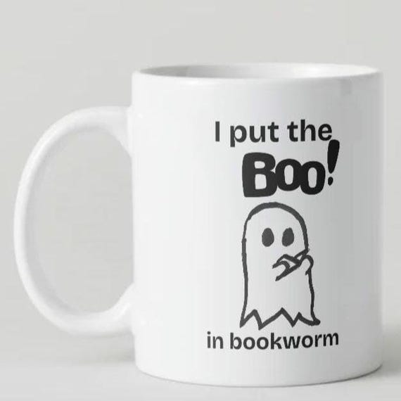 Ghost Reading Editable Template for Mug or T-Shirt "I put the BOO in bookworm"