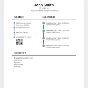 May include: A resume template with a light blue header and a white background. The resume includes sections for contact information, experience, and education. The text includes the name "John Smith" and a QR code.