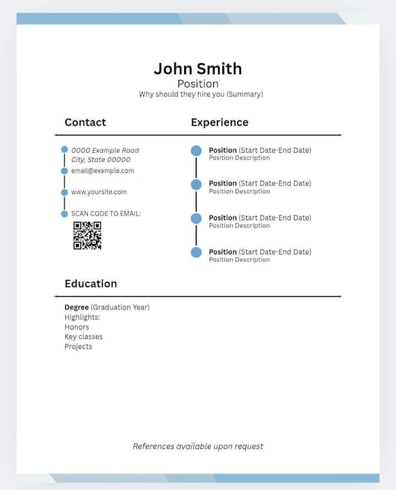 Canva Resume Template With Contact, Experience, Education, and Email QR Code