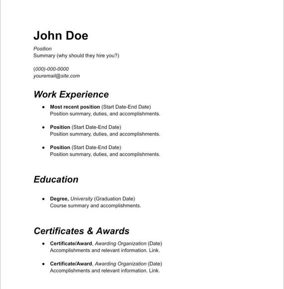 ATS Friendly Resume Template in Google Docs with Experience, Education, Contact Information, & Certificates/Awards Sections