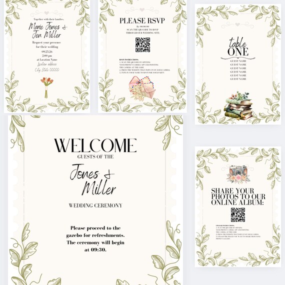 Cottagecore Wedding Template Bundle: Invitations, RSVP, Table Cards (Canva Editable, QR Codes Included)