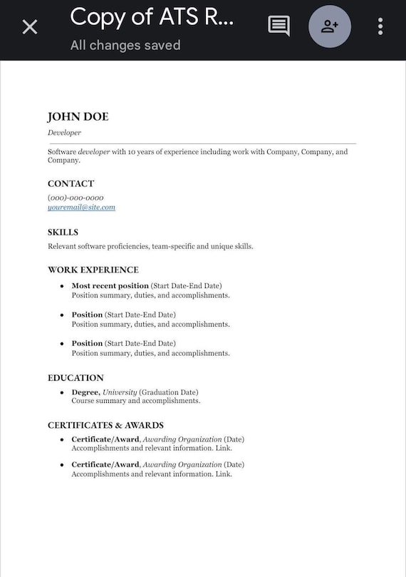 ATS Friendly Resume Template for Google Docs