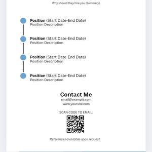 May include: A resume template featuring the name "John Smith" and a section for a summary. It includes sections for positions with start and end dates, and a contact section with an email and website. A QR code is also present.