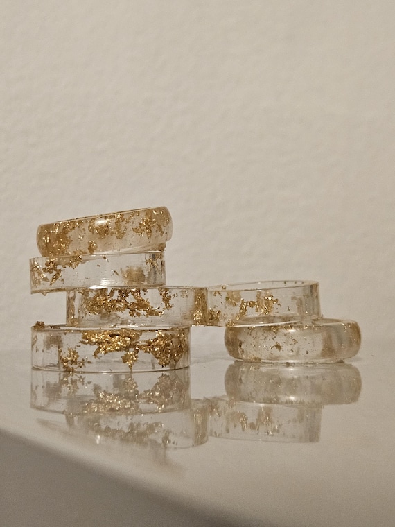 Custom Engraved Gold Foil Filled Resin Rings Handmade Jewelry Hand Etched Inscription Personalized Message