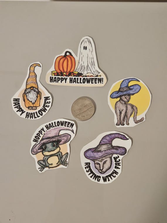 Halloween Vinyl Stickers CHOOSE Ghost, Witch Cat, Gnome Original Designs Happy Halloween, Feline Witch, Resting Witch Face
