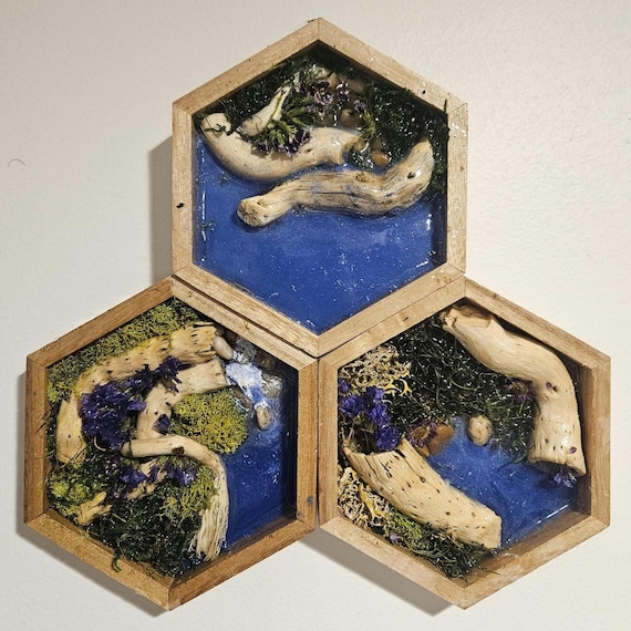 Moss Wall Art With Resin Waterfall & River Scene Real Moss and Flowers Hexagon Shadow Box Frame