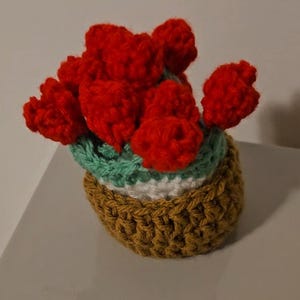 Puede incluir: Un arreglo floral hecho a mano con ganchillo, con flores rojas vibrantes sobre una base verde y blanca, ubicado en una maceta marrón texturizada. La artesanía muestra un patrón detallado y de tejido apretado, creando una pieza decorativa encantadora.