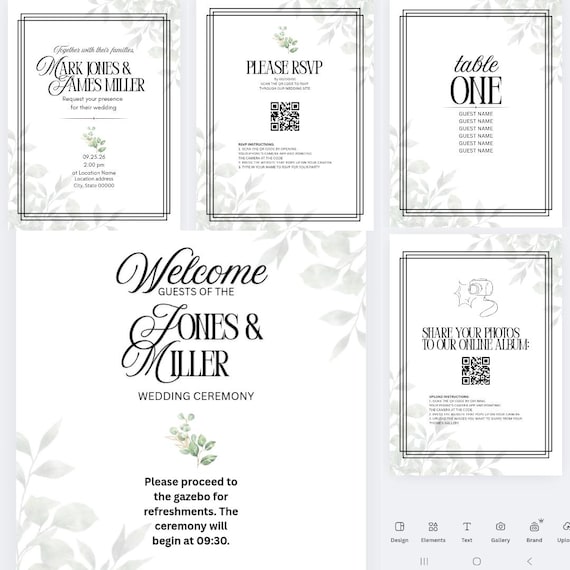 Canva Template Wedding Bundle with Invitations, Signs, Reception Table Cards, and Online Photo Album with QR Codes and Instructions