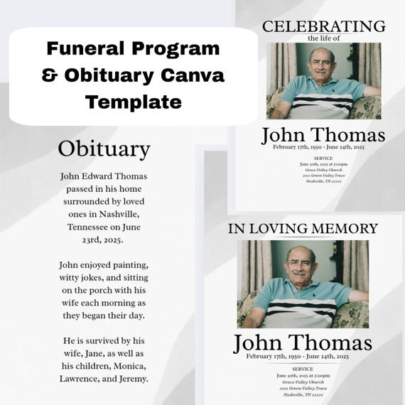 Minimalist Obituary Template for Men: Editable Funeral Program (Canva Template)
