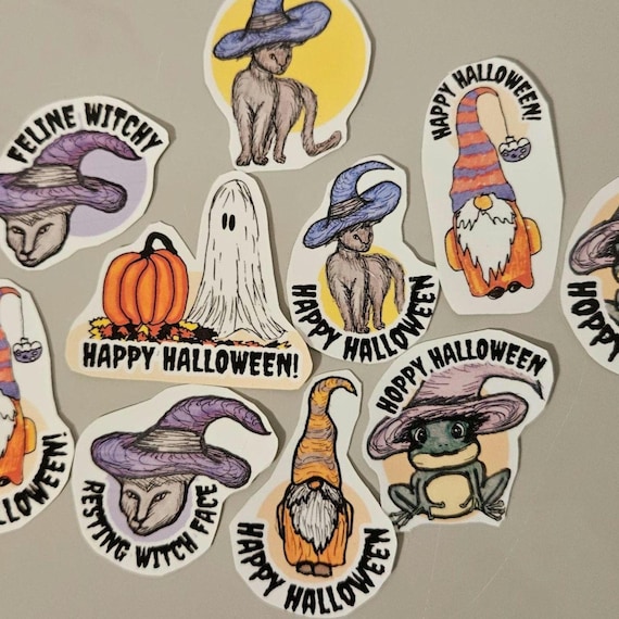 Halloween Sticker Waterproof Vinyl Sticker Bundle of 10 Witch Cat, Ghost, and Gnome Designs