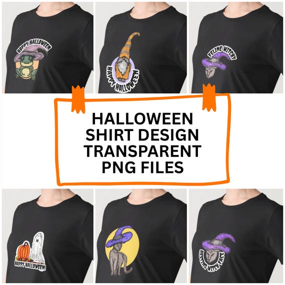 Halloween Shirt PNG Bundle 6 Transparent Image Files for T-Shirt, Sweater, Mug Gifts Witch Cat, Witch Frog, Halloween Gnome, Ghost