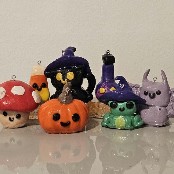 Cute Halloween Charms Handmade Kawaii Witch Frog, Witch Cat, Potion, Bat, Candy Corn, Mushroom, and Pumpkin