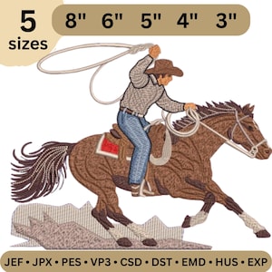 Puede incluir: Diseño bordado de un vaquero a caballo, con un lazo. El diseño incluye texto que indica cinco tamaños, que van de 7,6 a 20,3 cm. El vaquero lleva sombrero, camisa y vaqueros. El caballo es marrón y el fondo es beige.