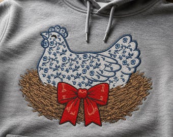 Vintage Hen in Nest Appliqué Embroidery Design, Cottagecore (Digital Download)