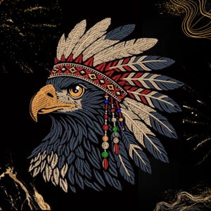 May include: Embroidered image of an eagle's head in profile, adorned with a Native American headdress. The headdress features red, white, and blue feathers, and a beaded band. The eagle has a yellow beak and an intense gaze, set against a black background.