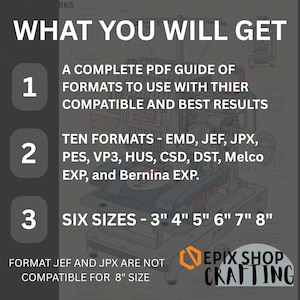 May include: A digital graphic featuring an embroidery machine outline with text: WHAT YOU WILL GET. 1: A COMPLETE PDF GUIDE OF FORMATS. 2: TEN FORMATS - EMD, JEF, JPX, PES, VP3, HUS, CSD, DST, Melco EXP, and Bernina EXP. 3: SIX SIZES - 3" 4" 5" 6" 7" 8".