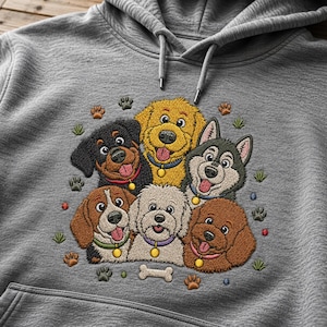 May include: A heather gray hooded sweatshirt featuring an embroidered graphic of six cartoon dogs. The dogs include a black and tan dog, a golden retriever, a husky, a beagle, a white fluffy dog, and a brown poodle, all wearing collars with tags.