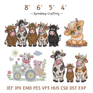 Könnte beinhalten: Stickmuster-Set mit verschiedenen Cartoon-Kühen, einem Kalb und einem Schwein auf einem Traktor. Text: 8' 6' 5' 4', Epixshop Crafting und Dateiformate JEF, JPX, EMD, PES, VP3, HUS, CSD, DST, EXP. Farben: Braun, Schwarz, Weiß und Rosa.