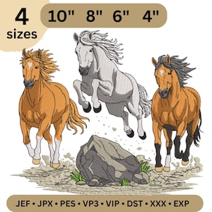 Diseño de bordado de tres caballos salvajes / Patrón de animal corriendo (descarga instantánea)