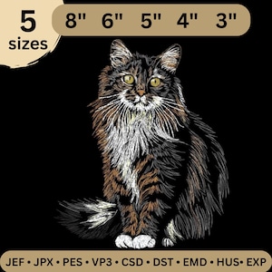 May include: An embroidered design of a long-haired cat in shades of brown, white, and black, with yellow eyes, set against a black background. The design is available in 5 sizes, ranging from 3 to 8 inches.