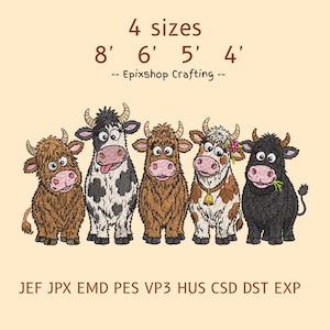 May include: An embroidery design featuring five cartoon cows in various colors and patterns. Text reads 4 sizes 8' 6' 5' 4' -- Epixshop Crafting -- and file formats JEF JPX EMD PES VP3 HUS CSD DST EXP. The cows have horns, pink noses, and expressive eyes.