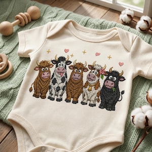May include: A cream-colored short-sleeve baby bodysuit featuring a graphic print of five cartoon cows with different fur colors and patterns, accented by small pink hearts and yellow stars arranged in a row across the chest area.