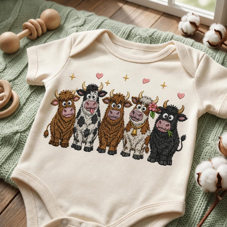 May include: A cream-colored short-sleeve baby bodysuit featuring a graphic print of five cartoon cows with different fur colors and patterns, accented by small pink hearts and yellow stars arranged in a row across the chest area.