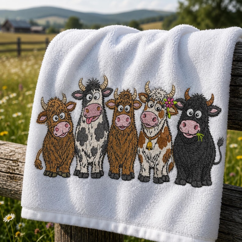 May include: A white towel featuring an embroidered design of five cartoon cows standing in a row. The cows vary in color, including brown, black and white spotted, and solid black, with one wearing a bell and a small pink flower on its head.