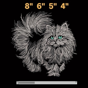 May include: An embroidery design of a long-haired cat with bright teal eyes and silver-toned fur against a black background. The text 8" 6" 5" 4" is displayed at the top, indicating available sizes in inches for this cat-themed graphic.
