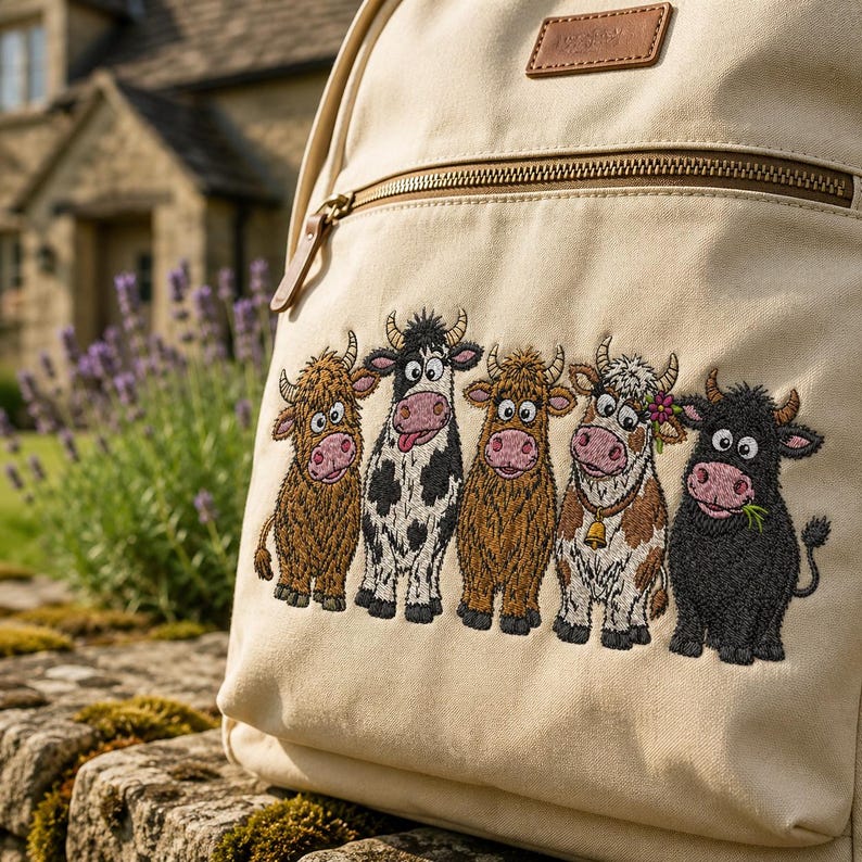 May include: A beige canvas backpack featuring an embroidered design of five cartoon cows in various colors and patterns. The backpack includes a front zippered pocket with a brown leather-like brand patch at the top and a metal zipper pull.