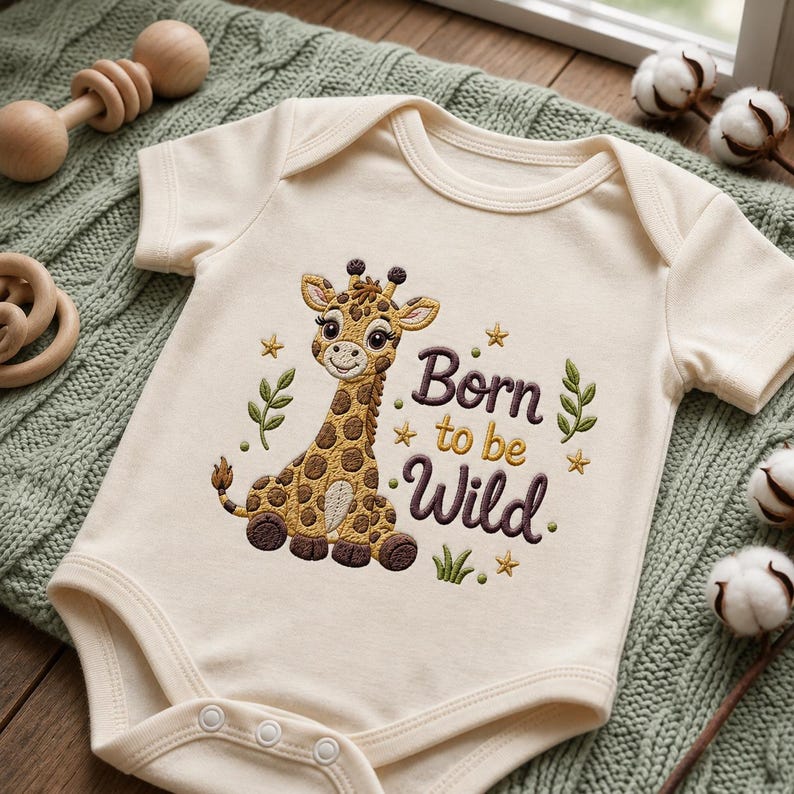 May include: A cream-colored short-sleeve baby bodysuit featuring an embroidered brown and tan giraffe. The text "Born to be Wild" is stitched in dark brown thread, accompanied by small gold stars and green leaf accents on the front chest.