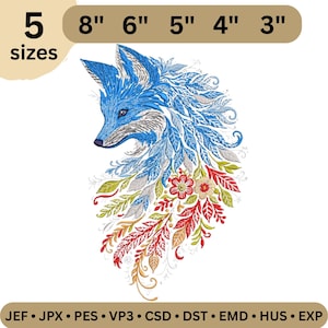 Blue Winter Fox Embroidery Design – Ornamental Floral Pattern (Digital Download, 3-8 inch Sizes)